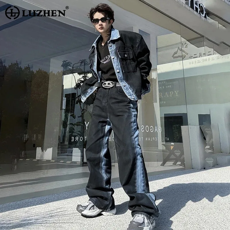 Luzhen peça coreano denim retalhos rabisco na moda dois conjuntos de rua jaqueta masculina calças retas casuais roupas bonitas lz8997