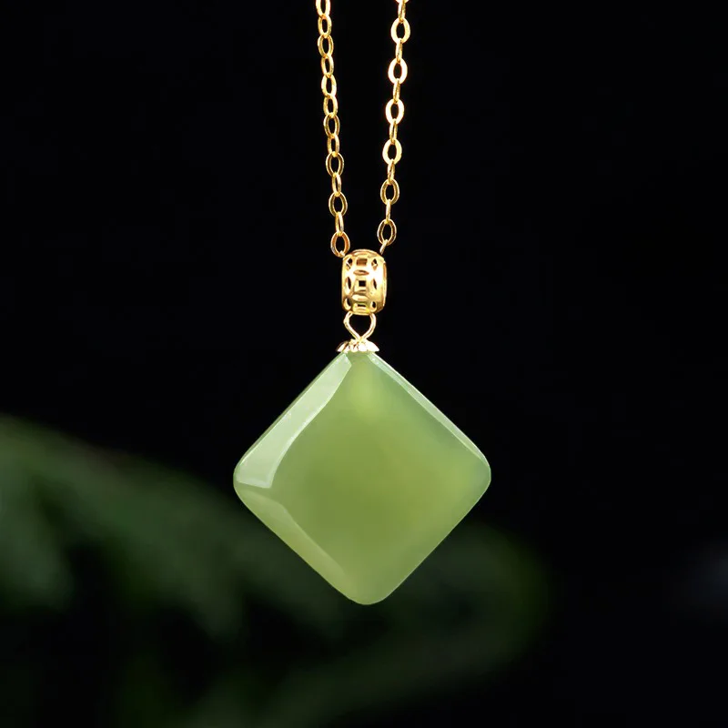 Natural Old Material Hetian Green Square Pendant With 18K Gold Inlay And White Jade, Women'S Model