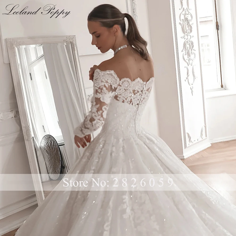 Lceland Poppy Customized Ball Gown Boat Neck Lace Appliques Wedding Dresses Full Sleeves Bridal Gowns with Cathedral Train