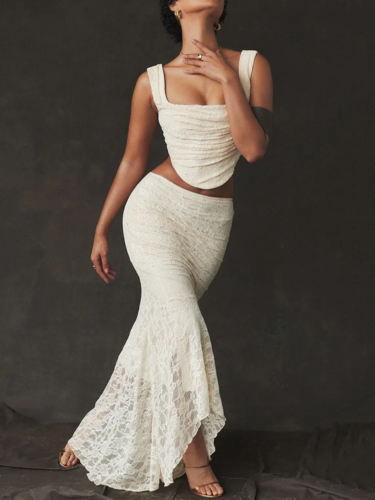 

Кружевной сексуальный комплект из двух предметов с юбкой, женский укороченный топ без рукавов и юбка, женские элегантные вечерние комплекты из двух предметов, мода 2023, мода