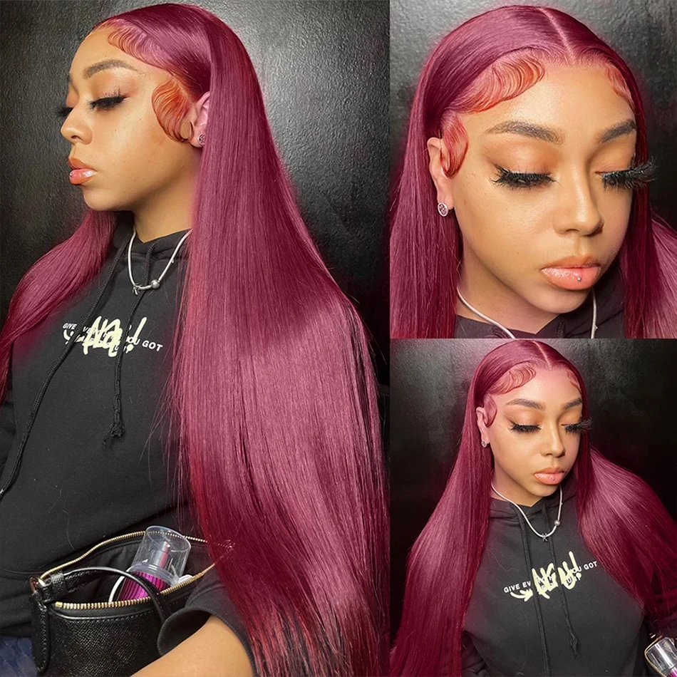 250 Density Bone Straight Burgundy 13x4 Lace Colored Red Wig 99J Human Hair Wig 13x6 HD Transparent Lace Frontal Wigs Pre Plucked With Baby Hair 32 Inch Brazilian Hair For Women
