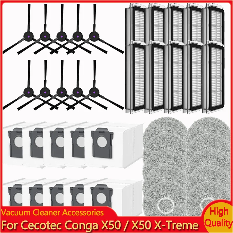 Compatible For ( Cecotec Conga X50 / X50 X-Treme ) Replacement Parts Accessories Main Side Brush HEPA Filter Mop Pad Dust Bag