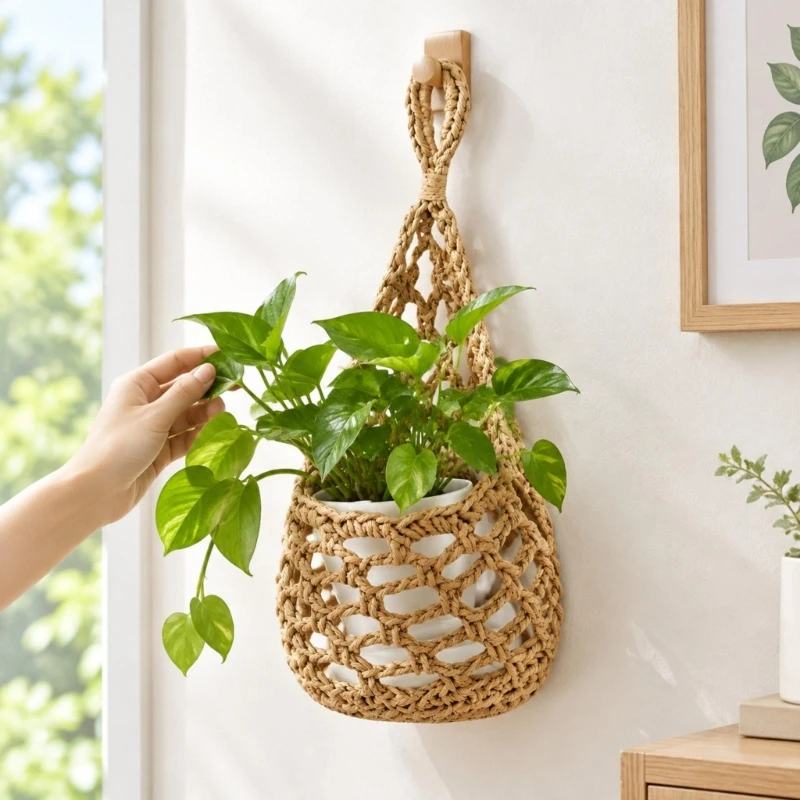 Macrames Plant Hanger Indoor Hanging Planter Basket Decorative Wall Hanging Flower Pot Holders with Crochet-Style Texture KXRE