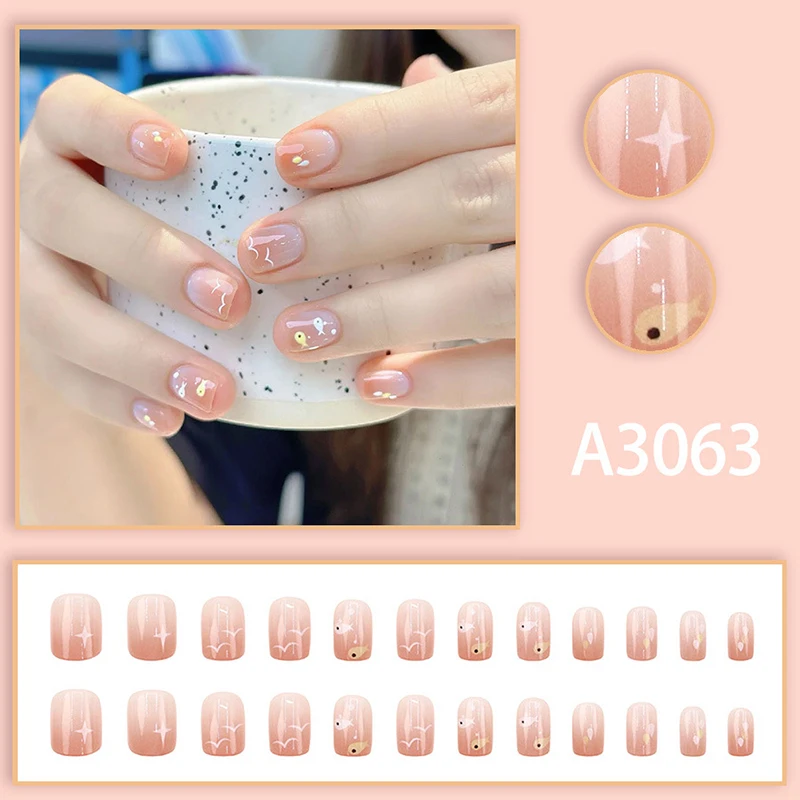 

24Pcs Cartoon Petrel Fish Short Square False Nails W Jelly Adhesive Detachable Fake Fingernails Full Cover Press On Nails Tips
