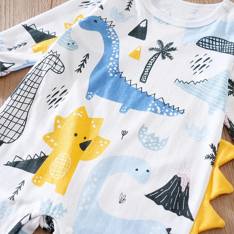 Spring And Autumn Boys And Girls Cartoon Dinosaur All Over 3d Cotton Long Sleeve Baby Clothing Bodysuit