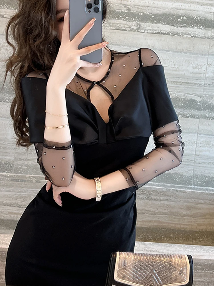 New High Quality Spring Autumn Women Evening Dress Mesh Sexy See Through Slim Midi Dresses Party Gown Robe Mujer Vestidos Fiesta