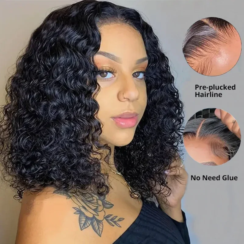 

14 Inch Short Bob Wigs 4x4 Deep Wave Bob Wig Human Hair 220% Density Deep Curly 100% Human Hair Pre Plucked Wet and Wavy