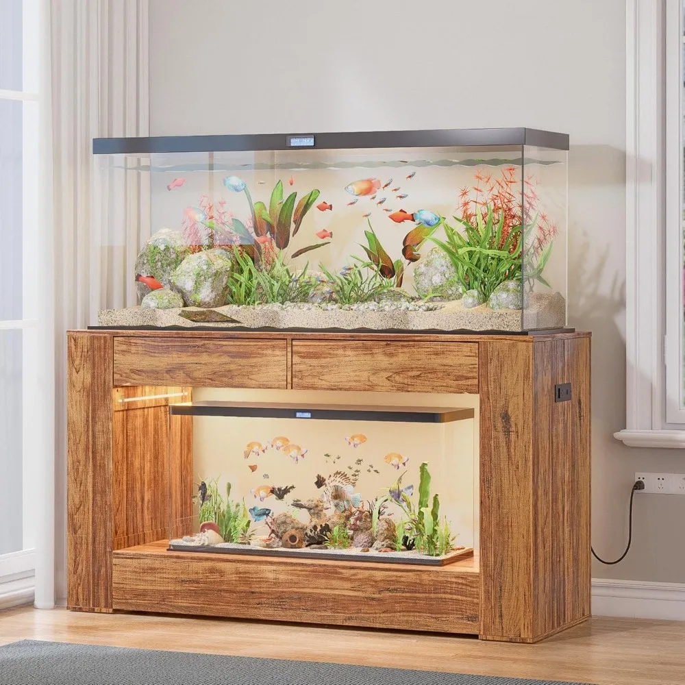 

55-75 Gallon Fish Tank Stand with Power Outlets & LED Light and Drawers,1000LBS Capacity,Aquarium Stand with 55.1" L*18.5" W Tab
