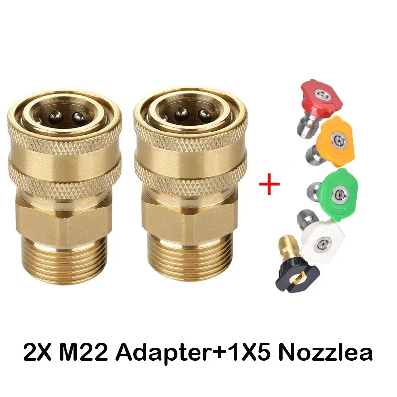 

High Pressure Washer Copper Connector Adapter M22 Male 1/4" Female Quick Connection Adapter & 5 Pcs Car Washing Nozzles