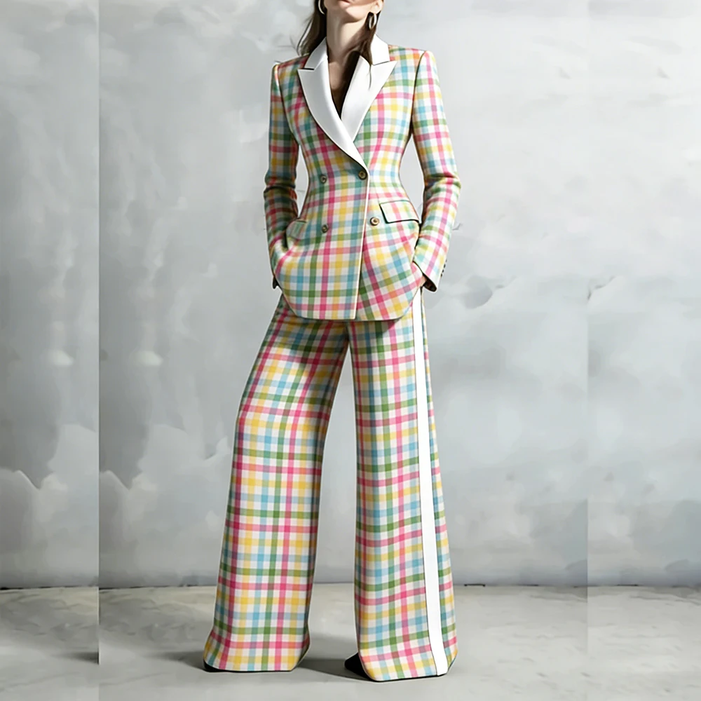 Fashion Pastel Colors Women's Customization Suits 2 Pcs Jacket Pants Full Sets Elegant Double Breasted White Peak Lapel Clothing