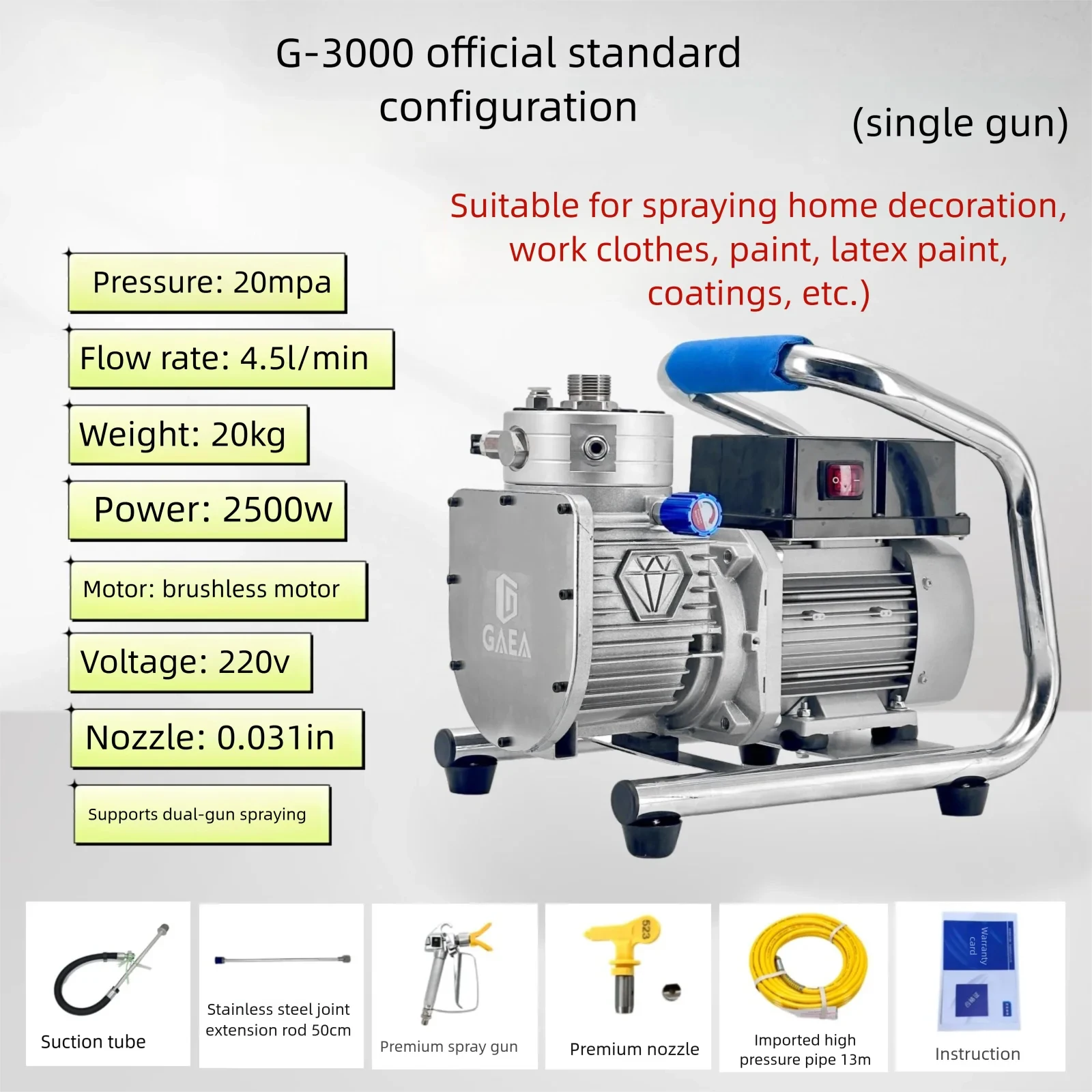 

High-Pressure Airless Painting Sprayer Multi-Functional Coating Applicator for Latex Paints Portable 2500W 220V Double Guns