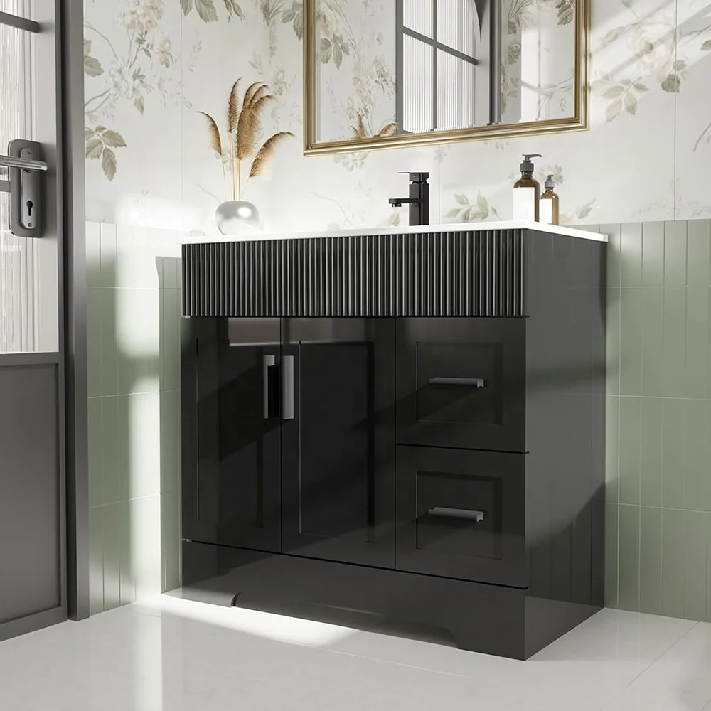 

*-36" Black Bathroom Vanities Modern Design Bathroom Cabinet With Decor Lines Undermount Ceramic Sink Bathroom Vanity%