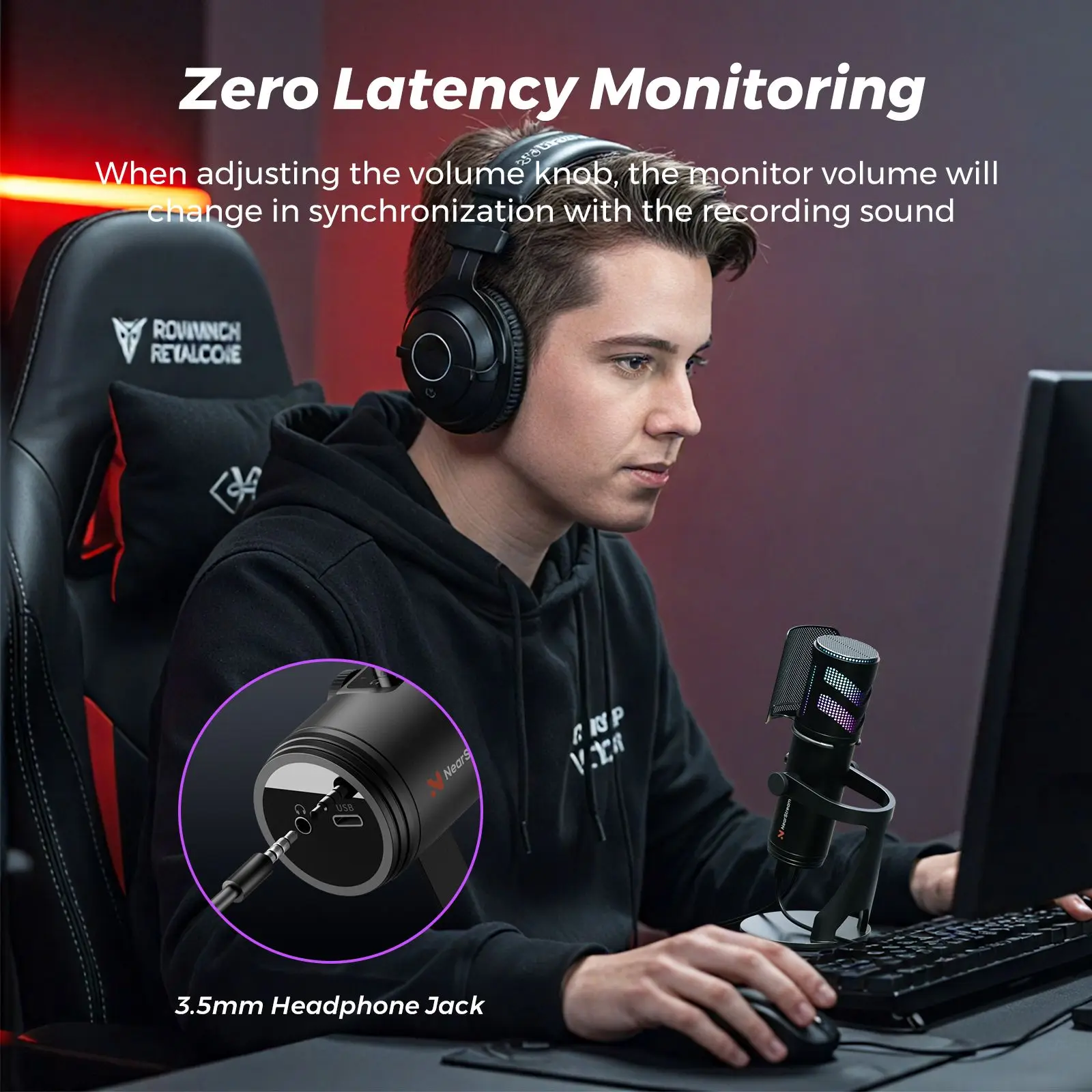 NearStream USB/XLR Condenser Gaming Microphone with 8 RGB Modes Lighting, Noise Cancelling Desktop for Streaming on PC/PS5/Mac