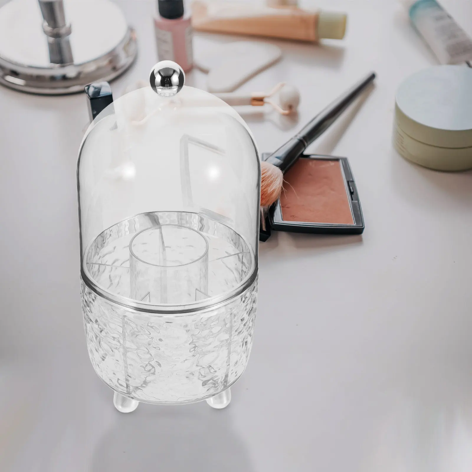 Clear Rotating Makeup Brush Holder Dustproof Lid Vanity Organizer Cosmetics Storage Container Desktop Brush Stand