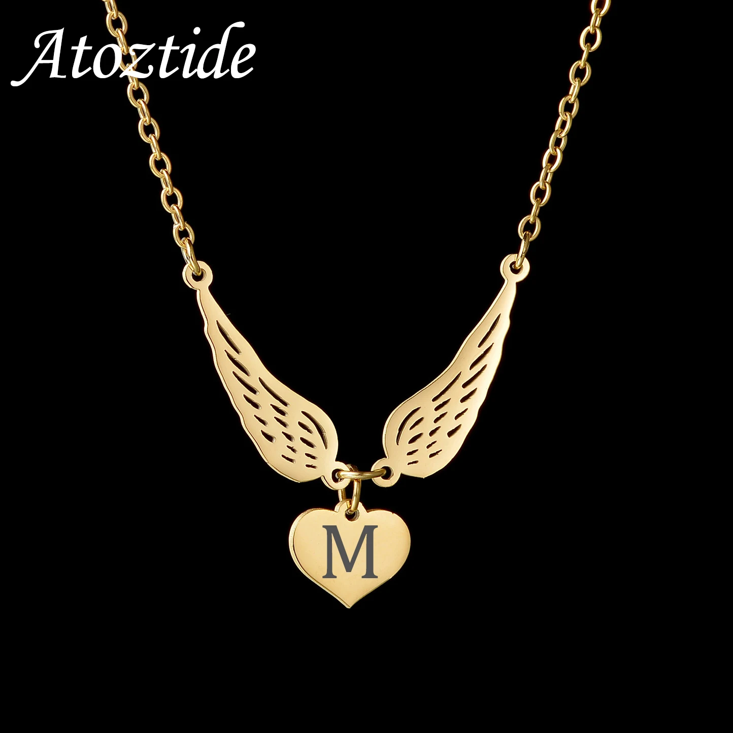 Atoztide Personalized Custom Name Necklace Heart Wing Engrave Letter Stainless Steel Jewelry for Women Mother Kids Birthday Gift