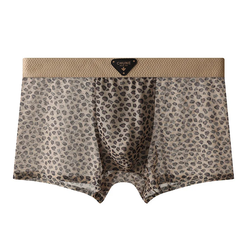 

Men's Ice Silk Underwear Leopard Print See Through Boxer Shorts Breathable Seamless Underpant Sexy U Convex Pouch Pantie Trunk
