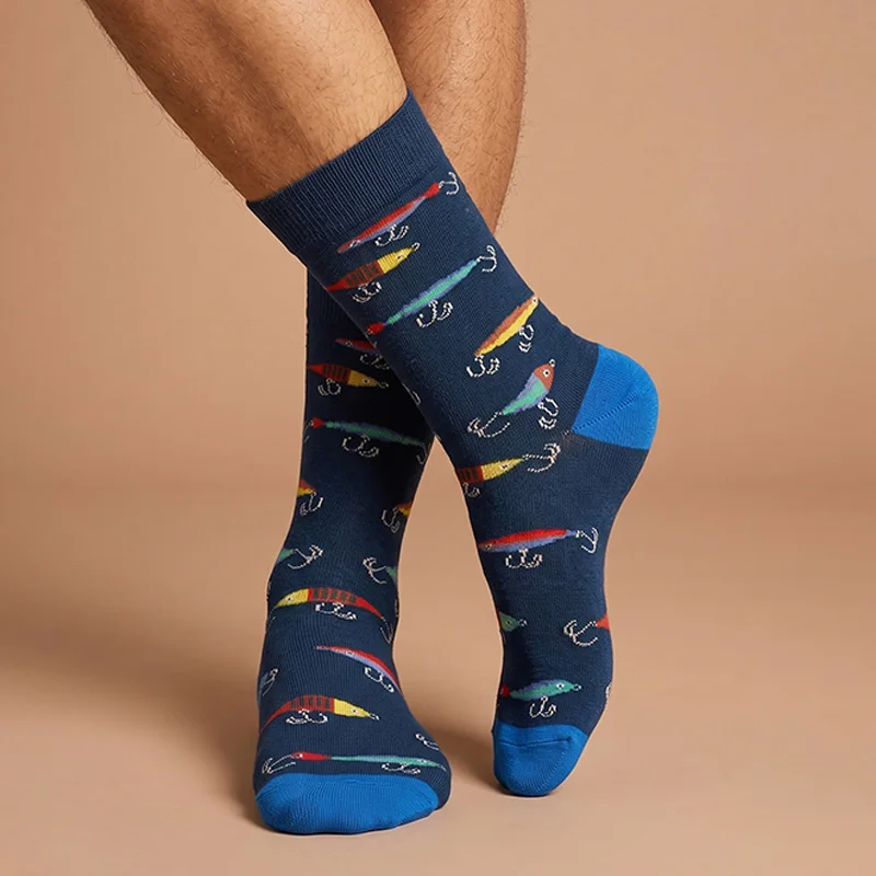 

1 Pair of Unisex Socks with Colorful Lure and Hook Patterns on a Navy Blue Background, Featuring Bright Blue Contrasting Heel and Toe, Made of Polyester, Breathable, Fun, Mid-Calf Length, Suitable for Everyday Wear