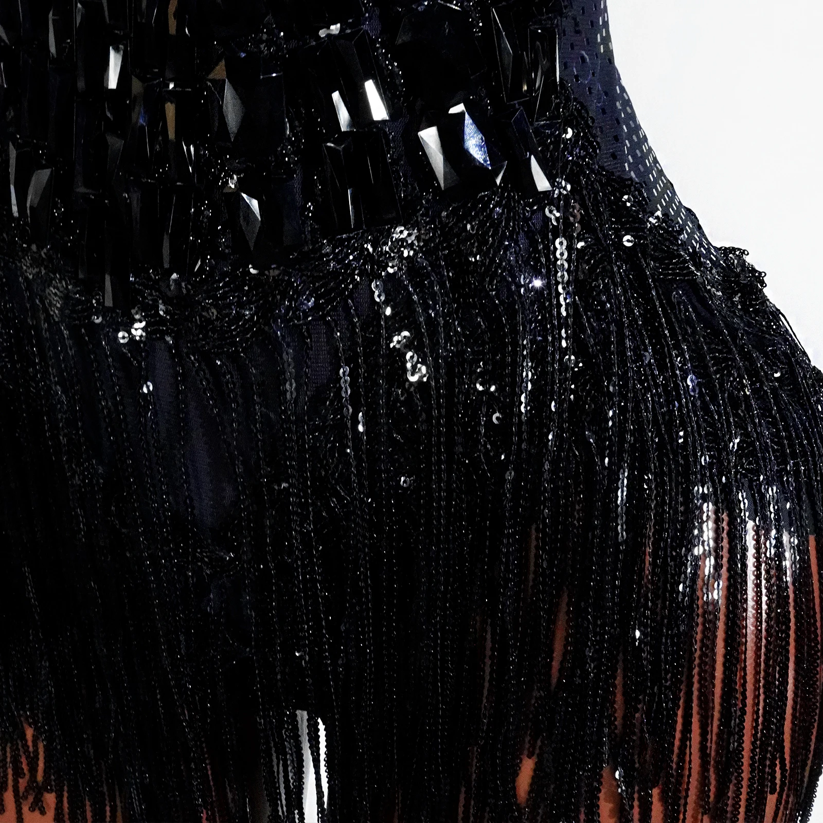 Sexy Black Mesh Tassel Bodysuit Sequins Design Dancer Performance Birthday Party Dance Costume Stage Wear Nightclub Drag Queen
