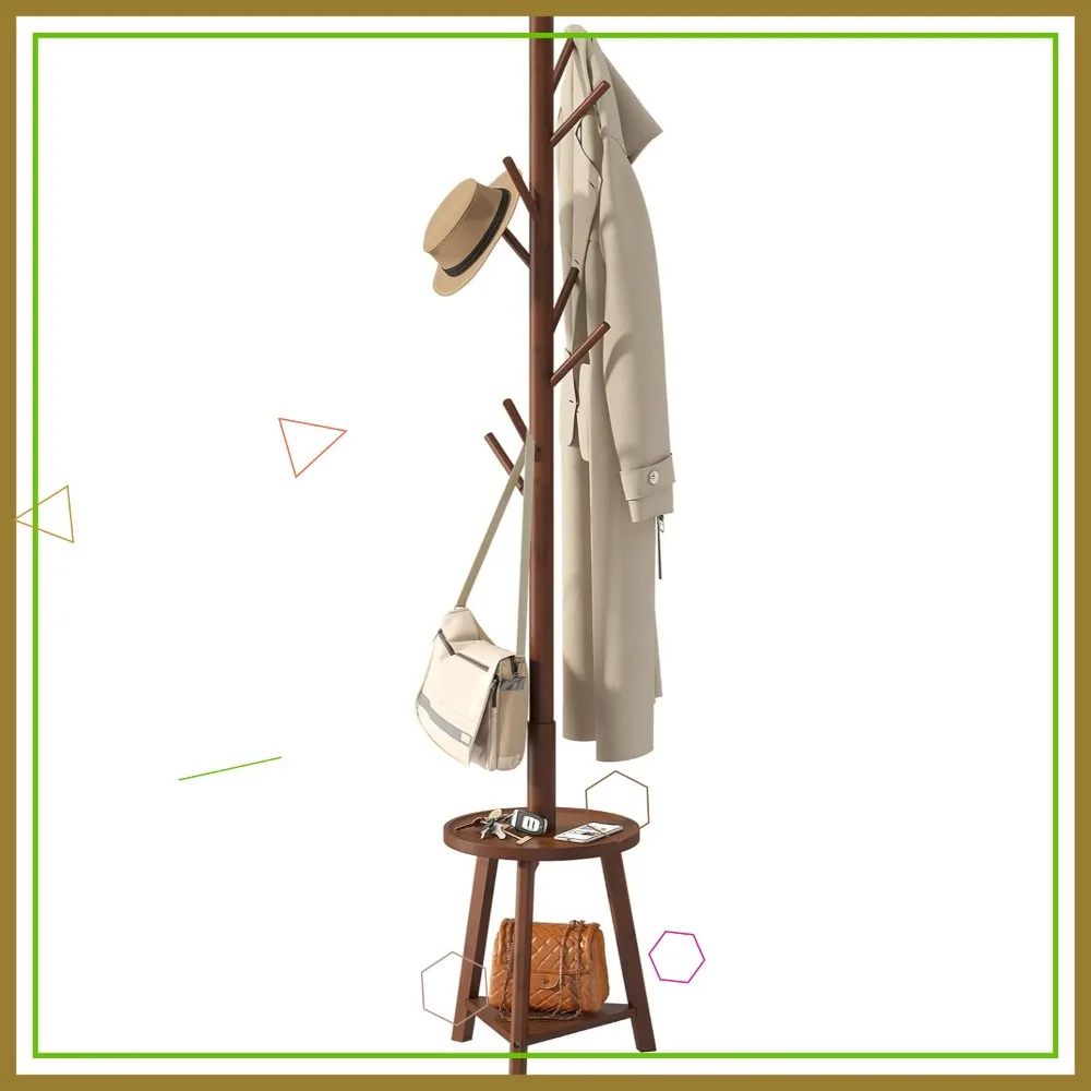 

Отдельно стоящая вешалка для одежды с 2 полками, 8 крючками, бамбуковое дерево, простая сборка для прихожей домашнего офиса