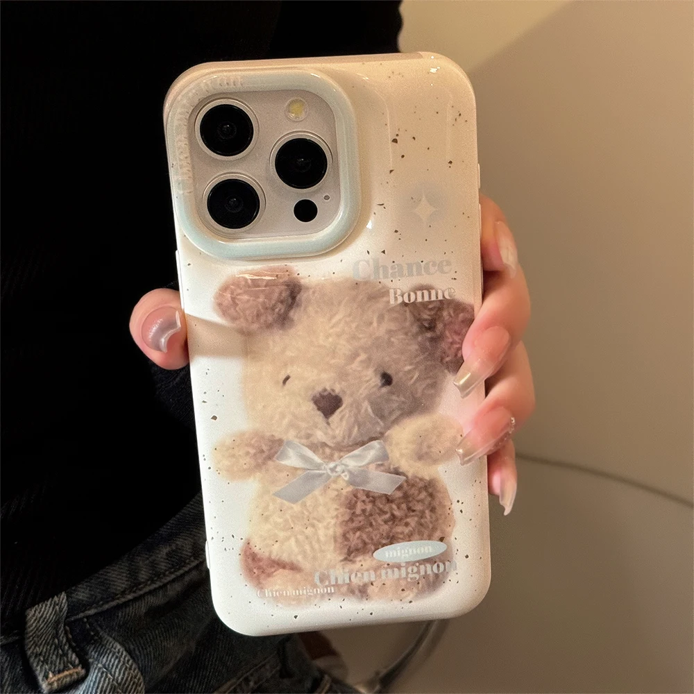 Korean Ins Cute Cartoon Little Bear Boll Phone Case for iPhone 15 14 13 Pro Max 12 Pro 11 Back Cover