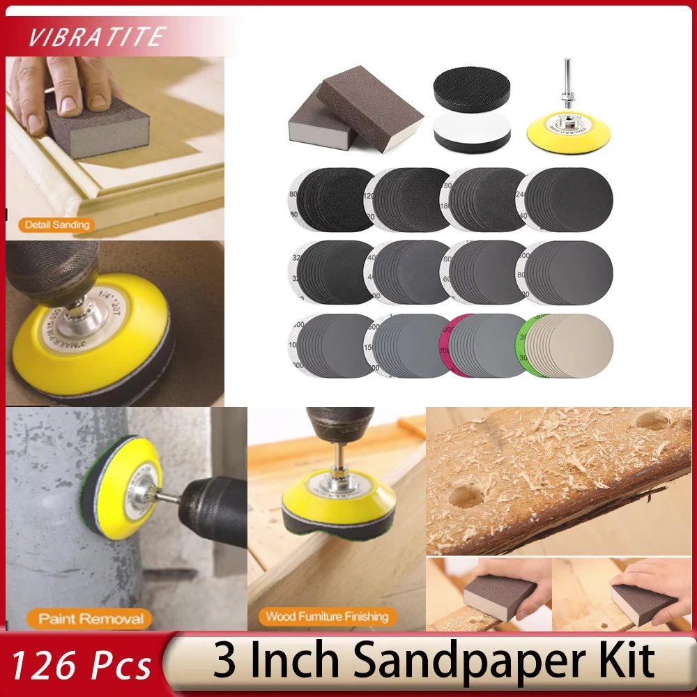 

126 шт. 3-дюймовые шлифовальные диски, разнообразный комплект, карбид кремния, влажная/сухая подушечка с хвостовиком 1/4 дюйма для полировки дерева, металла