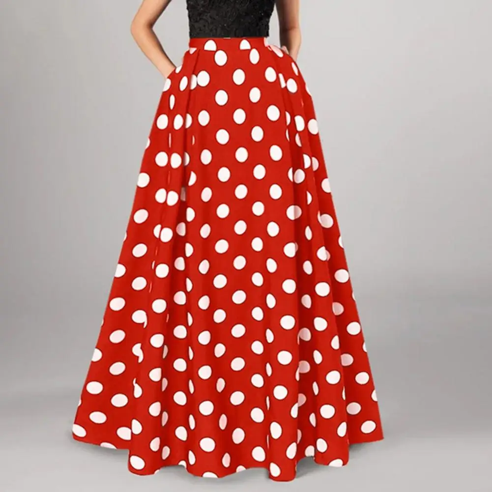 Polka Dot Flared A-line Women Maxi Skirt A-line Pleated Long Skirts Summer Lady Vintage Elastic Waist Dot Print Silhouette Skirt