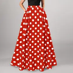 Polka Dot Flared A-line Women Maxi Skirt A-line Pleated Long Skirts Summer Lady Vintage Elastic Waist Dot Print Silhouette Skirt