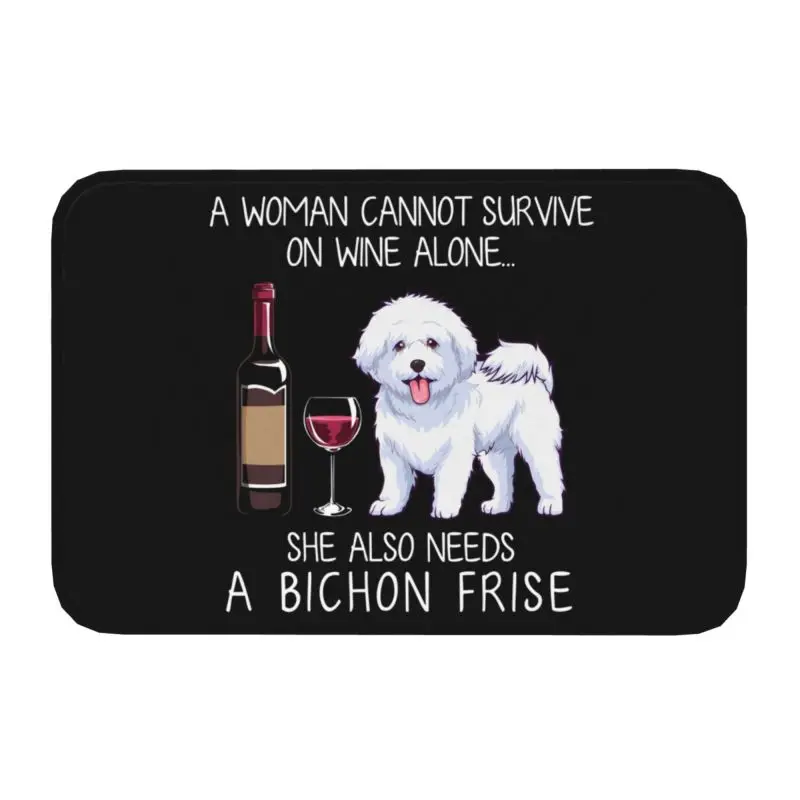 Bichon Frise And Wine Funny Dog Front Door Mat Anti-Slip Outdoor Quick Dry Pet Animal Puppy Doormat Kitchen Entrance Rug Carpet