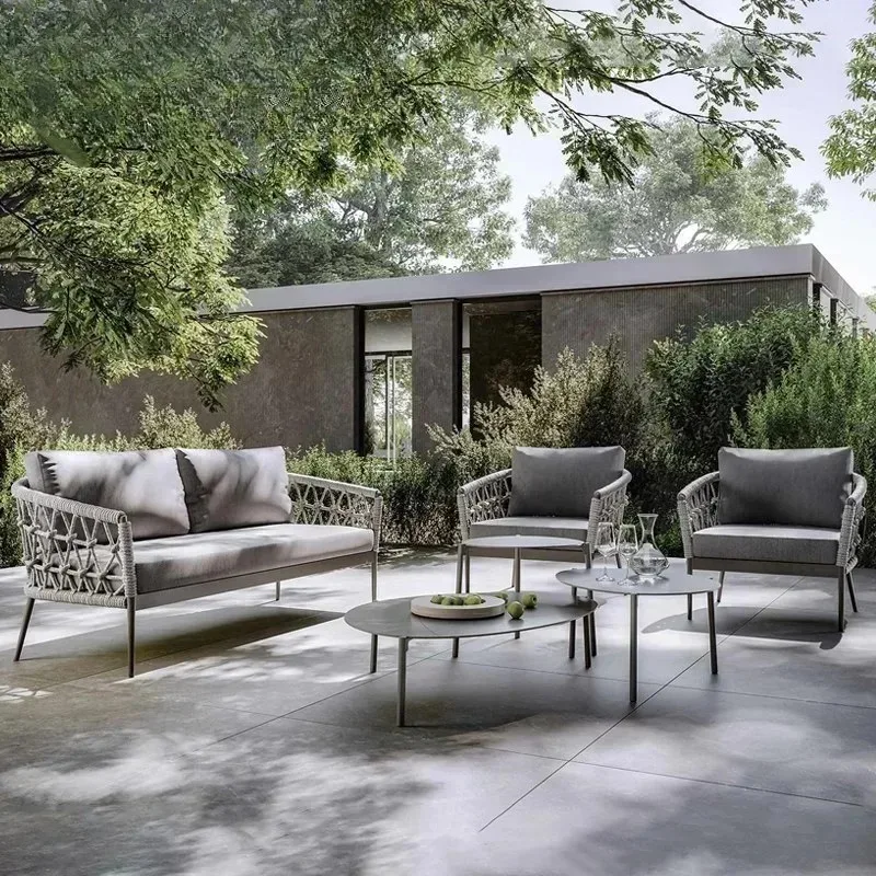 Nordic outdoor rattan sofa furniture combination courtyard garden leisure balcony coffee table slate waterproof rattan