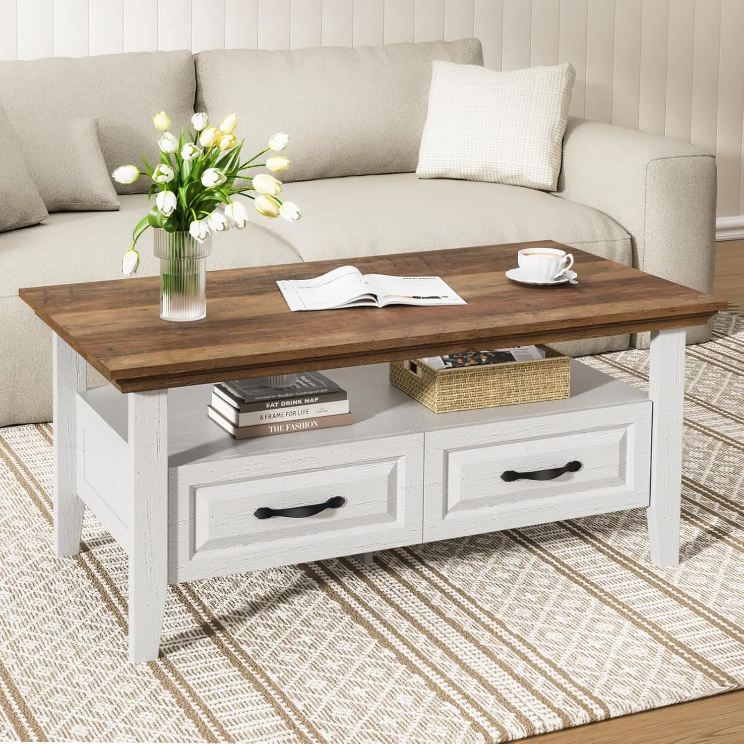 Coffee Table For Living Room, 39.4" Small Coffee Table With Storage, Open Display Shelf And Hidden Drawers