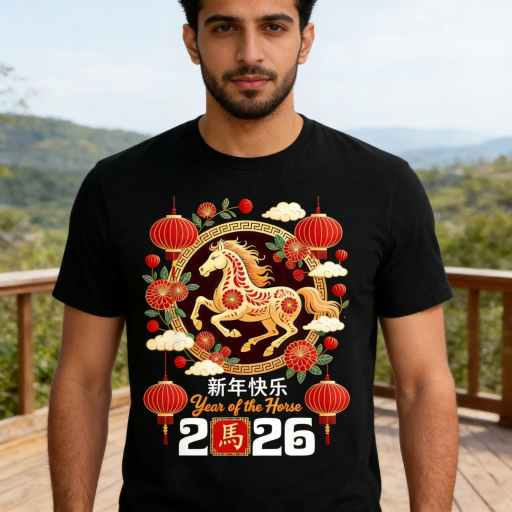 

Chinese New Year 2026 Shirt Year of The Horse Happy Lunar New Year T-Shirt Men Women Fashion Festival Costumes Casual Cotton Tee