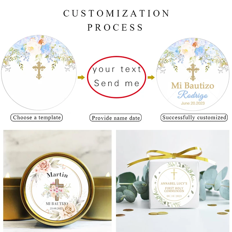 Custom First Communion Sticker Boy Girl Floral Mi Primera Comunión Label Personalized Mi Bautizo Baptism Decor Stickers Labels