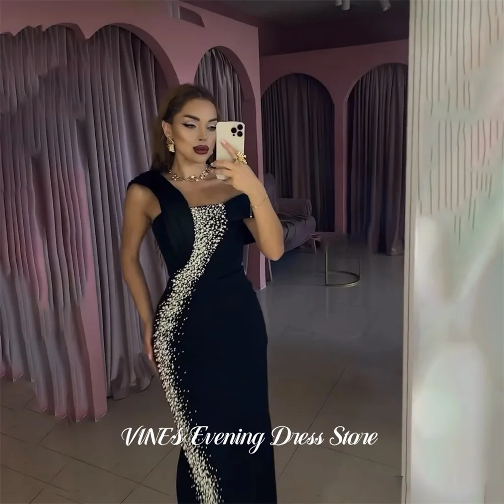 

VINES Black Evening Dress Sleeveless Party Dresses with Diagonal Crystal Prom Gown Square Neckline robes du soir Customized