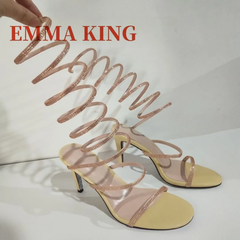 المرأة حجر الراين الكاحل لف الصنادل جولة تو الخنجر الكعوب الصيف الصنادل مثير كريستال ديكور ملهى ليلي فستان أحذية 43