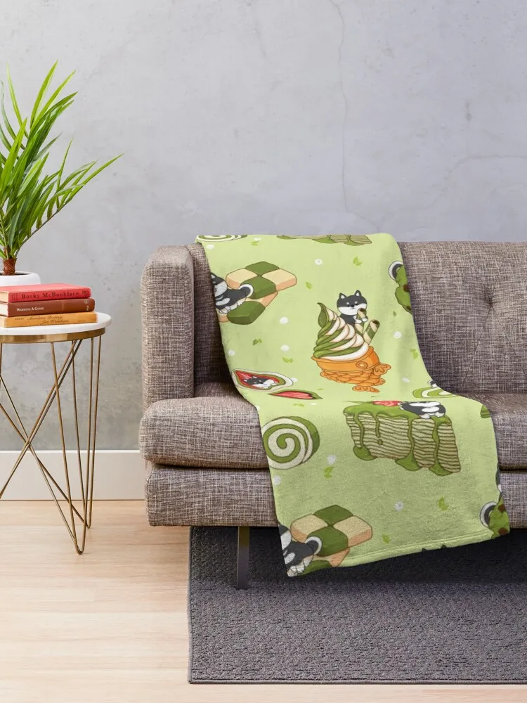 Black Shiba Inu with Japanese desserts - Green Throw Blanket warm for winter Luxury Throw Kid'S Travel Blankets