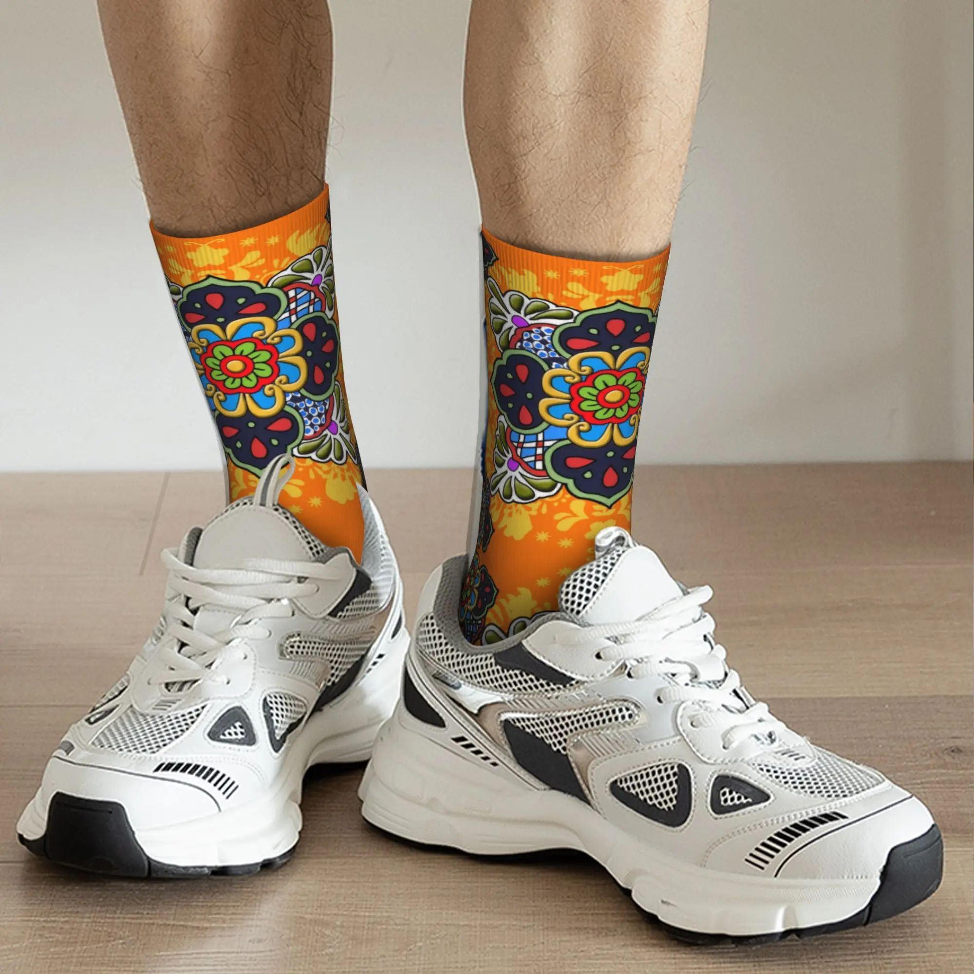 Custom Mexican Talavera Flower Ceramic Tile Men's Crew Socks Unisex Cool  Spring Summer Autumn Winter Dress Socks view 5