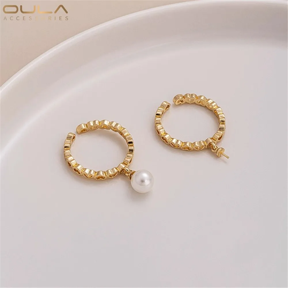 1pcs 14K Copper-clad Real Gold Half-hole Bead Holder Ring, Diy Handmade, with Crystal Pearl Inlay and Open Holder Ring