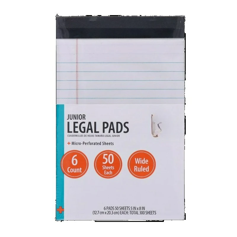 Wide Ruled Junior Legal Pads, 5" x 8", White Paper, 50 Sheets Each, 6 Pack