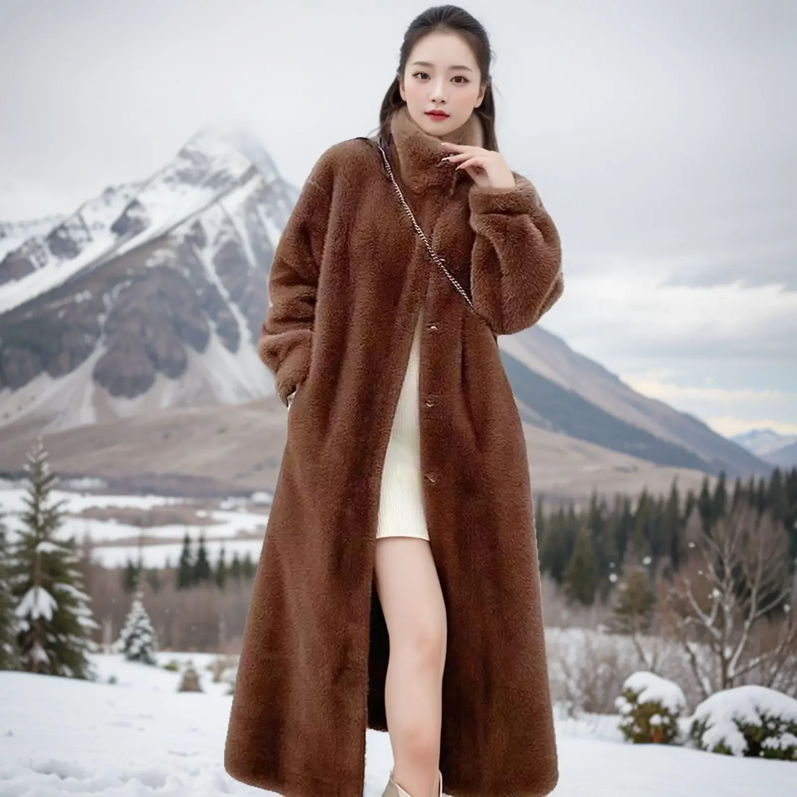 Faux Fur Coats Women Mid Length Coat Stand Collar Thick Warm Elegant Maxi Spring Open Stitch Jackets Outerwear Autumn Winter