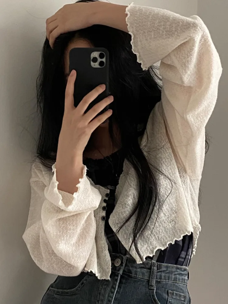 

Шикарный летний пикантный деревянный вязаный открытый кардиган с v-образным вырезом для девочек, свободный длинный све, тонкая солнцезащитная верхняя одежда для женщин