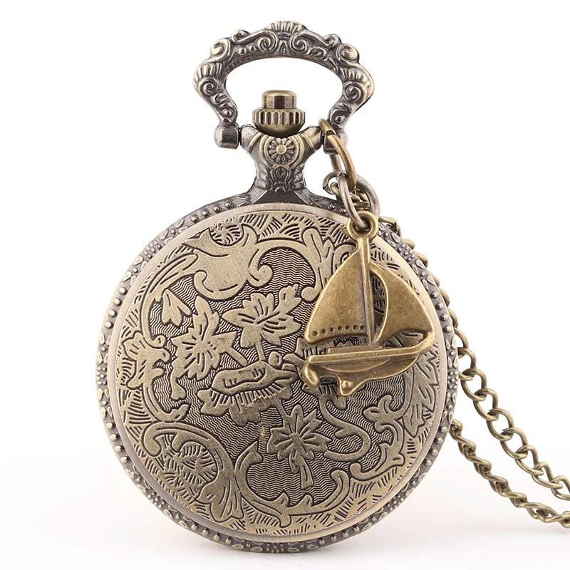 Reloj de bolsillo de cuarzo de gran tamaño con velero de bronce Retro, reloj de bolsillo con vela suave, collar en relieve clásico, adorno para examen de estudiante