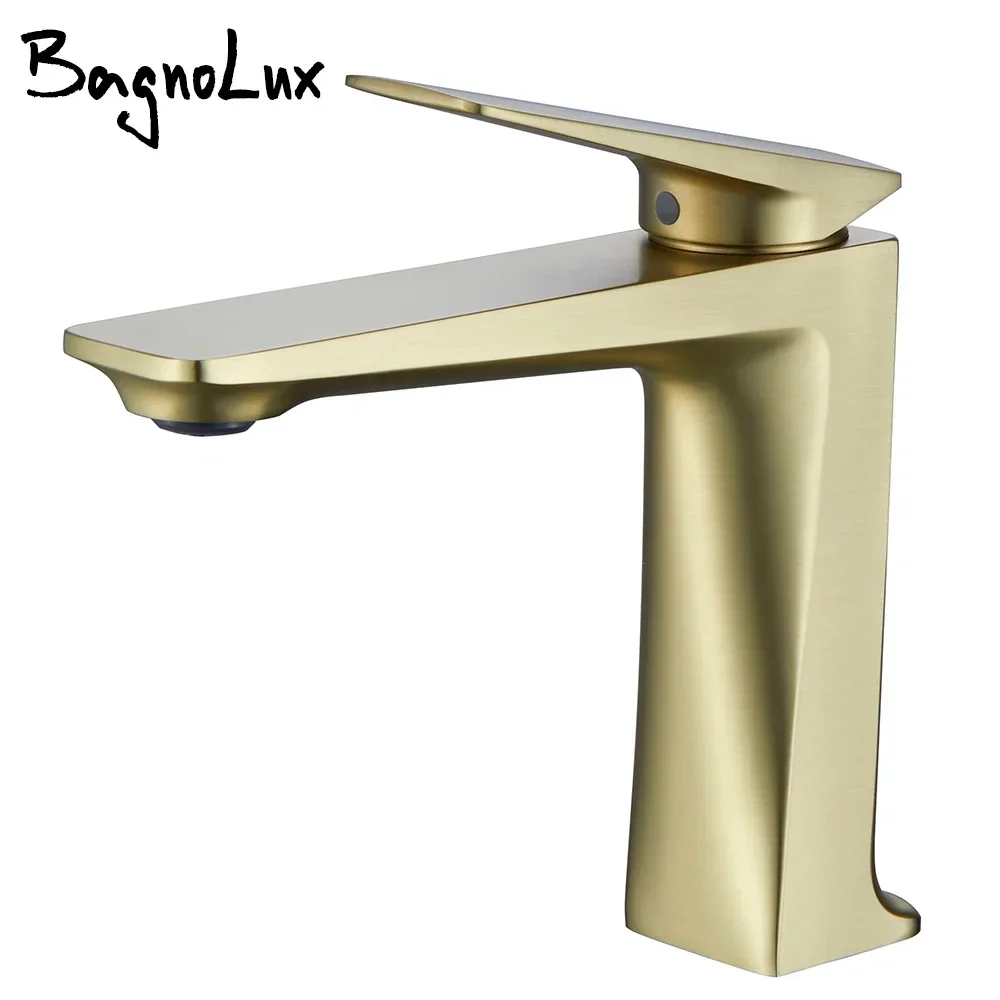 Bagnolux Brushed Gold Matt Black Brass Casting Deck Mounted Bathroom Basin Faucet Single Handle Mixer Hot and Cold Water Taps