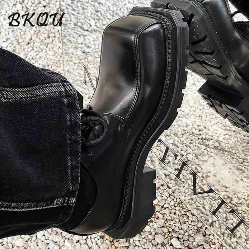 

BKQU Men Casual and Niche Shoes with A Design Sense of Stitching, Thick-soled, Square-toed, and Height-increasing Derby Shoes