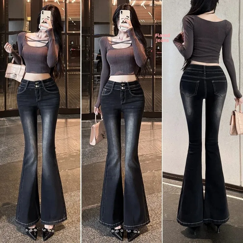 High Waist Bell Bottom Denim Jeans Women's Double Buckle Slim Fit Stretchy Cotton Polyester Blend Casual High Elasticity