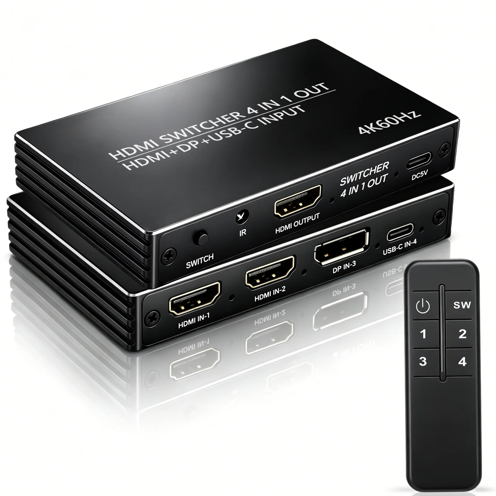 4K60Hz HDMI-compatible Switcher 4 In 1 Out 2*HD+DP+Type-C Input with  IR Remote Control for PC XBOX PS5 Office Presentation