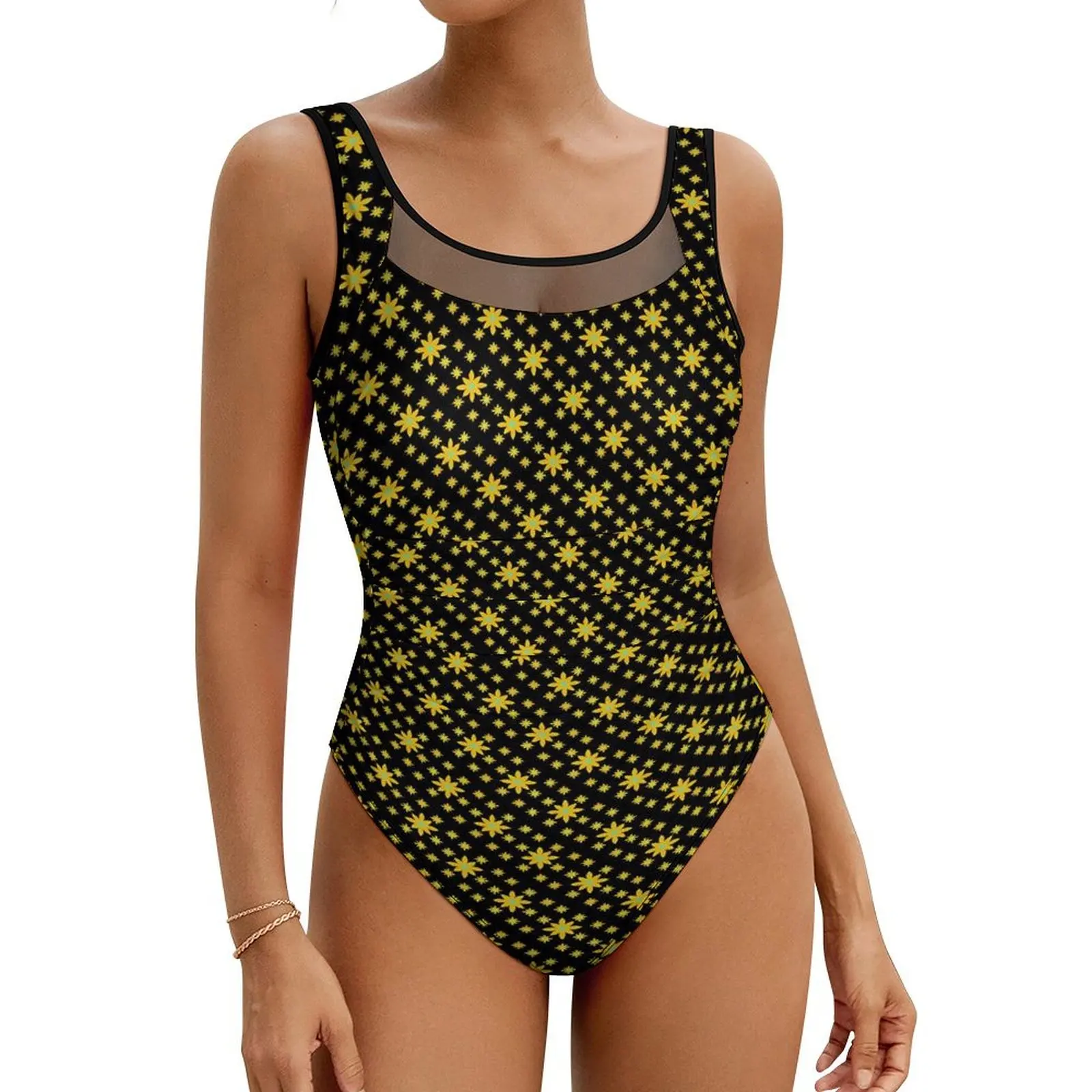 

Yellow Daisy Swimsuit Cute Floral Print One Piece Swimwear Push Up Elegant Bathing Suit Sexy Fitness Pattern Swimsuits