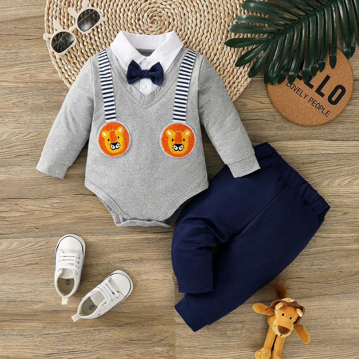 hibobi 2pcs Baby Boys\' Lion Print Romper Outfit Long Sleeve Pants Set Gentleman Style for 0-18 Months Christmas Gift All-Season