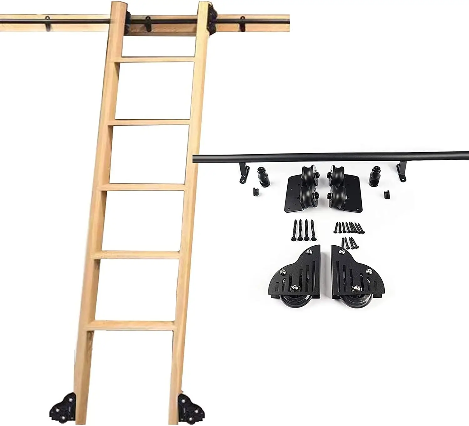 3.3Ft-20Ft Sliding Barn Door Kit,Mobile Ladder Track Rolling Ladder Hardware For Library/Loft/Home/Indoor - With Wrought Iron