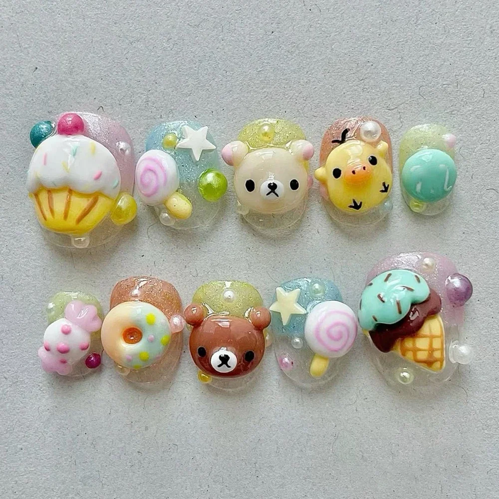 10Pcs Kawaii Rilakkuma 3D 인형 프레스 네일 아트 수제 아몬드 베어 귀여운 맞춤형 가짜 손톱 소녀 파티 생일 선물