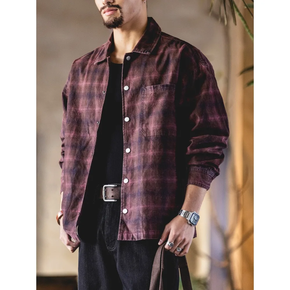 Men's Spring New Style American Washed Checkered Long-Sleeved Shirt - Loose Fit Large Size Casual Workwear Jacket